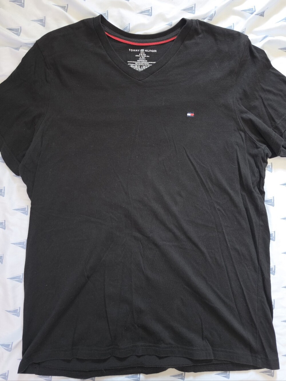 Tommy Hilfiger Black V-Neck Tee with Flag Logo